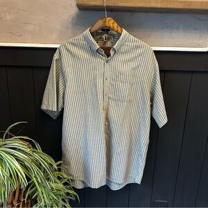 LL Bean Striped Gray Men's Cotton Button Up Short Sleeve‎ Shirt size XL Tall
